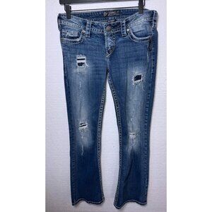 Silver Jeans Womens 29 L 31 Distressed Pioneer Denim Flap Pockets Blue Low Rise